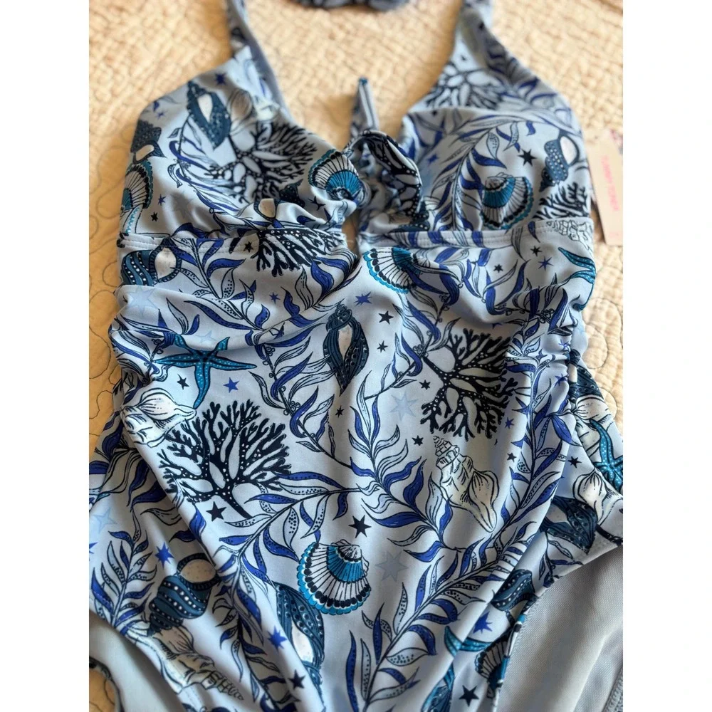 Stella‎ Parker Womens Blue Shore Halter One Piece Swimsuit Tummy Toner Large